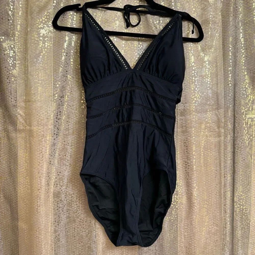 Tempt Me Black Halter Neck Sheer Striped One Piece Swimsuit Med NWT